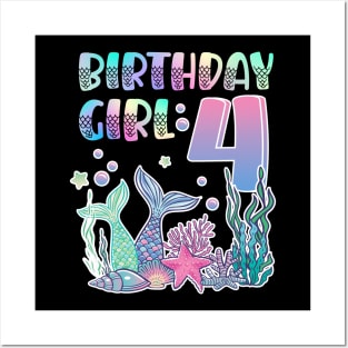 Mermaid Under The Sea Fourth Birthday 4th B-day Girls Gift For Girls Kids Posters and Art